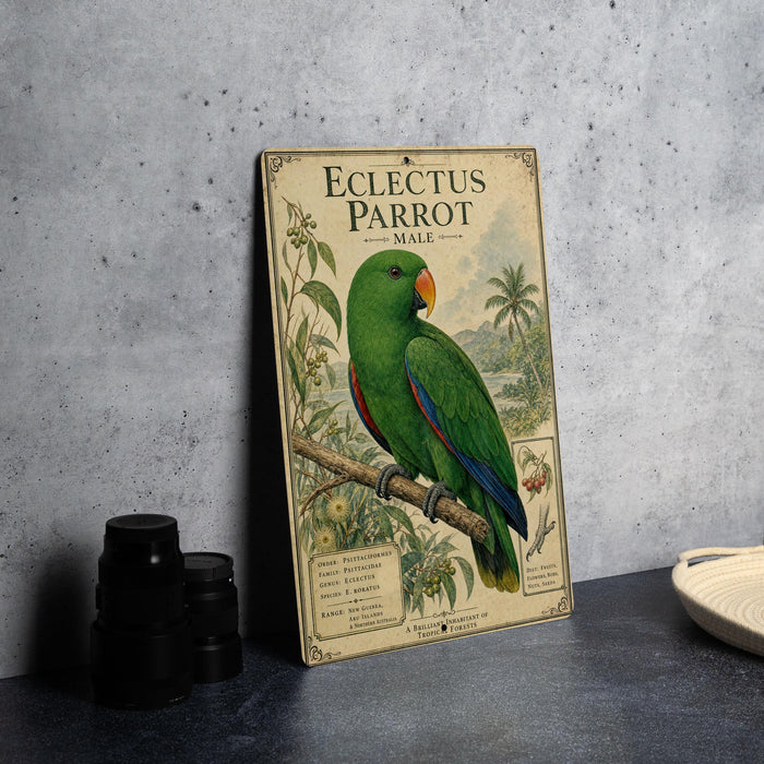 A vintage poster of an Eclectus Parrot, featuring a detailed illustration of the bird perched on a branch with tropical foliage in the background.