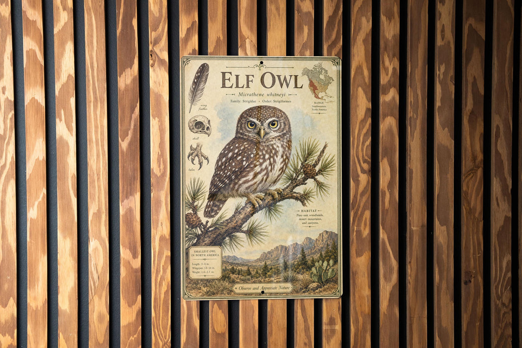 an illustration of an elf owl perched on a branch, surrounded by various wildlife elements such as pine trees and mountains.