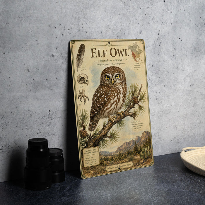 a detailed illustration of an elf owl perched on a branch, surrounded by various wildlife elements such as pine trees and mountains.
