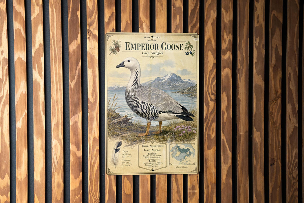 a poster of an Emperor Goose, which is a large, long-legged bird with a distinctive appearance. The poster is mounted on a wooden wall with vertical slats.