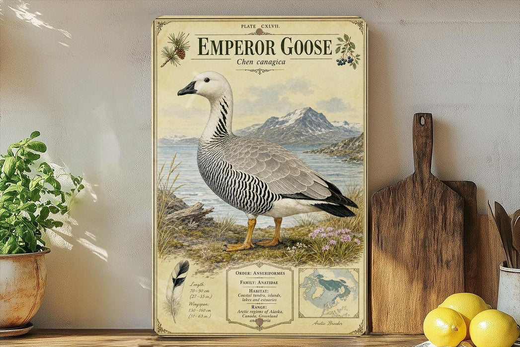 a poster of an Emperor Goose standing on a grassy field with mountains in the background.