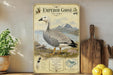 a poster of an Emperor Goose standing on a grassy field with mountains in the background.