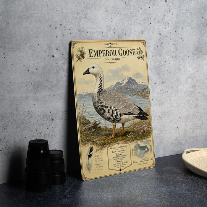 A framed illustration of an Emperor Goose standing on a grassy area with mountains in the background.