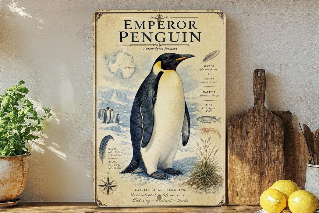 a poster of an Emperor Penguin on a shelf, with a potted plant to the left and a wooden cutting board to the right.
