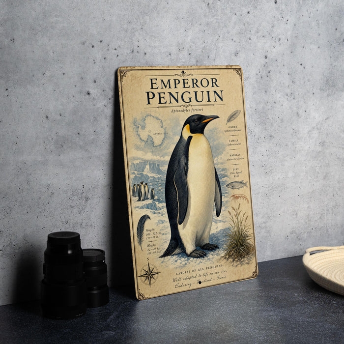 a poster of an Emperor Penguin standing on a snowy landscape, with various illustrations and text related to penguins.