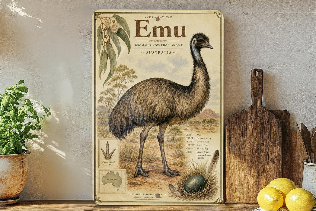 a vintage-style poster of an emu, a large flightless bird, with illustrations and text about the species.