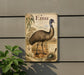 a vintage-style metal plaque depicting an emu, a large flightless bird native to Australia.