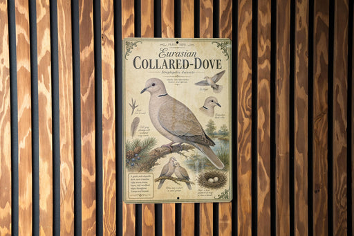 a vintage-style metal sign with illustrations and text, mounted on a wooden wall.