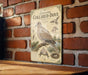 a vintage-style metal sign with illustrations and text about the European Collared-Dove, a species of bird.