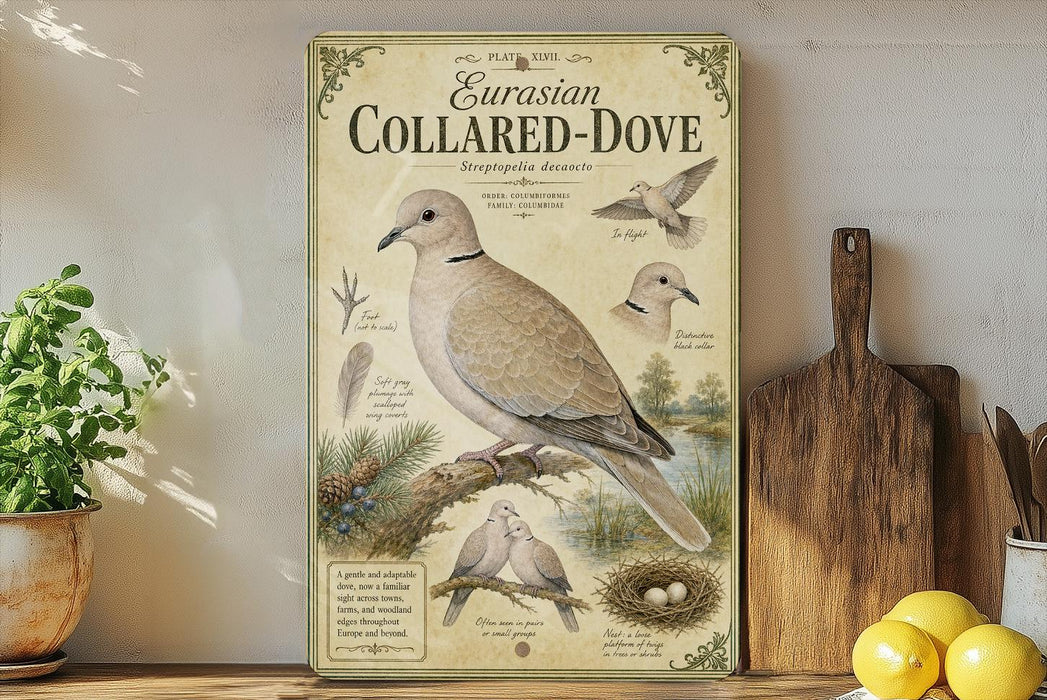 The image is a poster or painting of a collared-dove, featuring illustrations of the bird in various poses and natural settings.