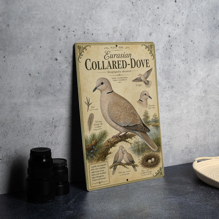a vintage-style illustration of a collared-doose, a type of dove, with detailed illustrations and text providing information about the bird.