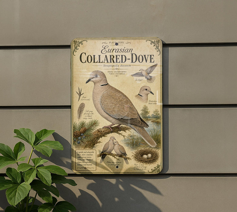 a vintage-style metal sign with illustrations and text about the European Collared-Dove, a bird species.