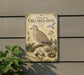 a vintage-style metal sign with illustrations and text about the European Collared-Dove, a bird species.