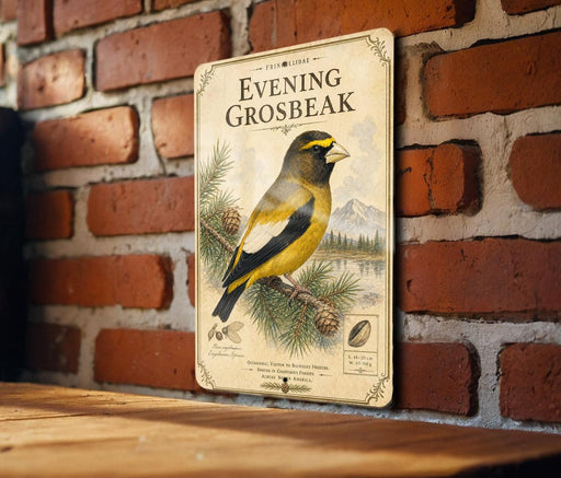 a vintage-style sign with a bird illustration, mounted on a brick wall.