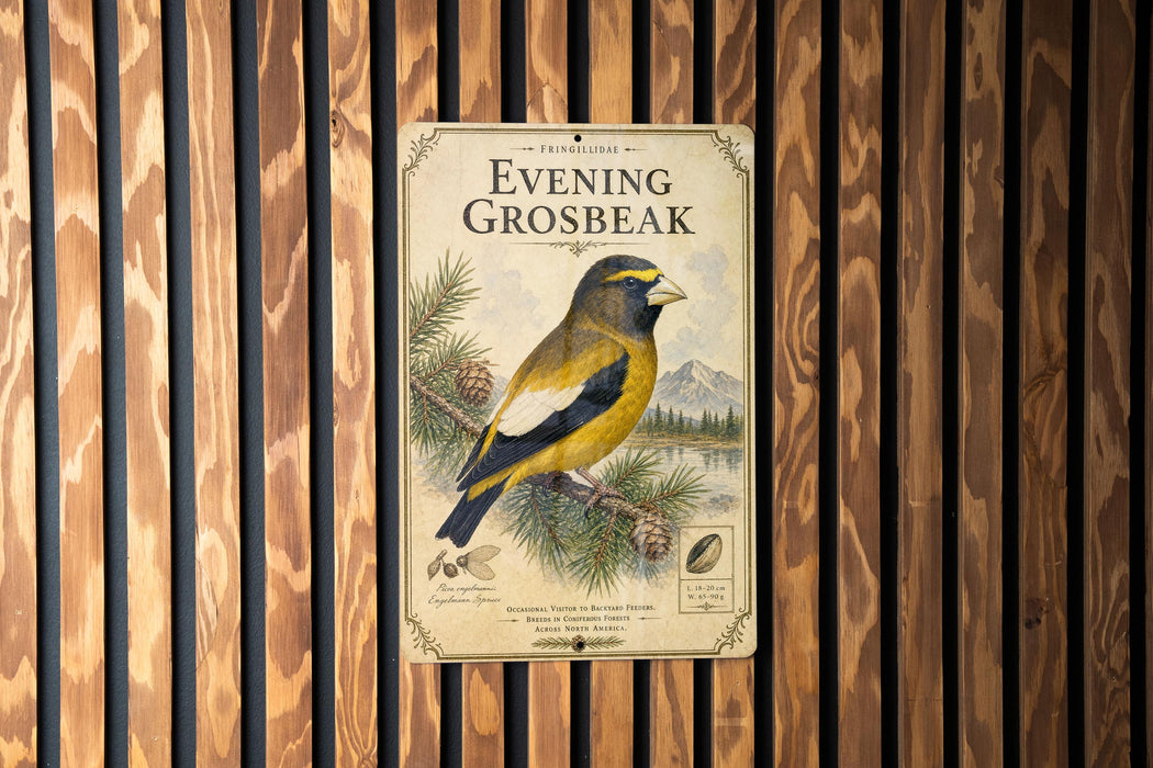 a vintage-style metal sign with a bird illustration, mounted on a wooden wall.