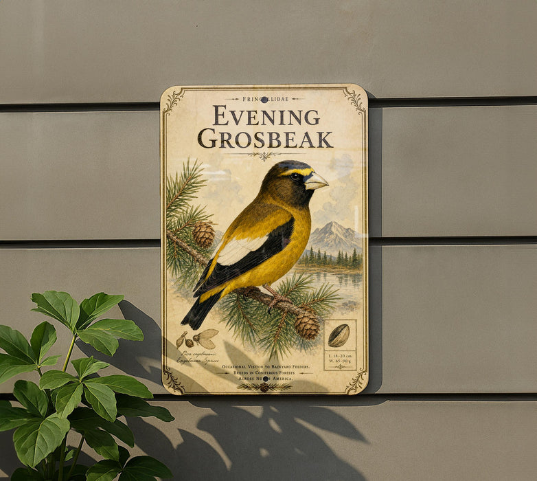 a vintage-style sign with a bird illustration, mounted on a wall next to a plant.