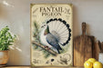 a vintage-style poster of a fantail pigeon, with illustrations of the bird and its natural habitat, such as pine trees and a bird feeder. The poster is displayed on a shelf next to a wooden cutting board and a potted plant.