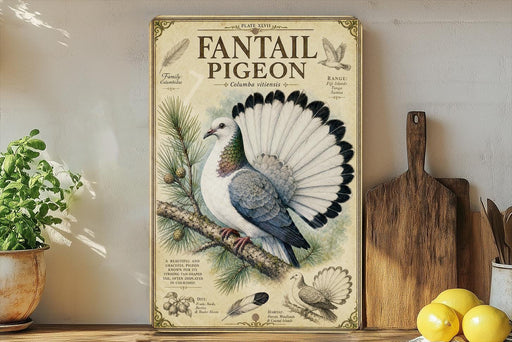 a vintage-style poster of a fantail pigeon, with illustrations of the bird and its natural habitat, such as pine trees and a bird feeder. The poster is displayed on a shelf next to a wooden cutting board and a potted plant.