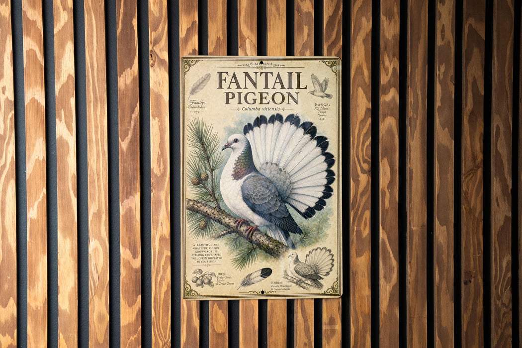 a poster of a white and blue bird with a large, colorful tail, perched on a branch.