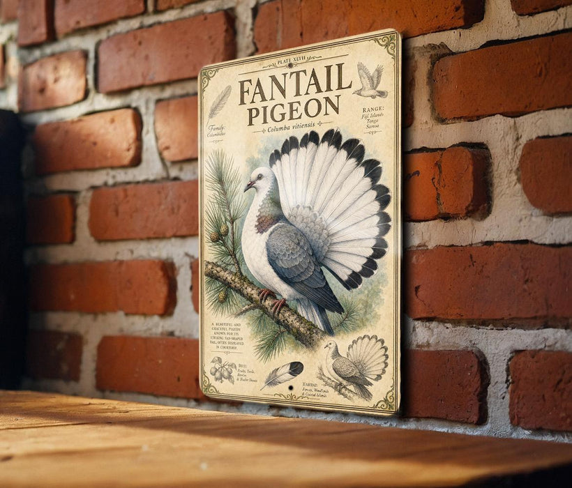 a vintage-style metal sign with an illustration of a pigeon, mounted on a brick wall.