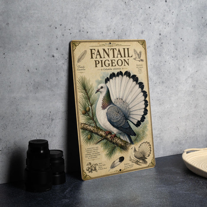 a vintage-style illustration of a fantail pigeon, with detailed illustrations of the bird's feathers, wings, and beak. The illustration is set against a backdrop of pine branches and pine cones, creating a natural and serene atmosphere. The text on the illustration identifies the bird as a "Fantail Pigeon" and provides information about its habitat, diet, and behavior.