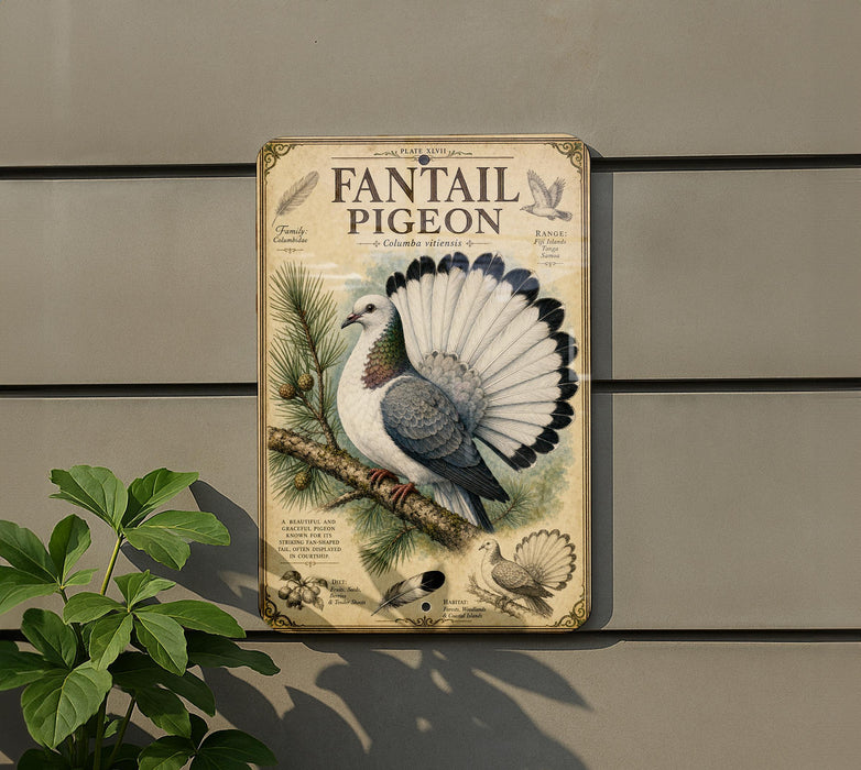 a vintage-style metal sign with a detailed illustration of a white and gray pigeon perched on a branch, surrounded by pine needles and other natural elements.