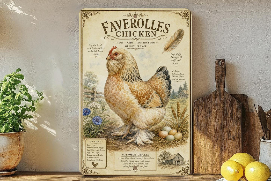 a vintage-style poster of a chicken, with a detailed illustration of the chicken surrounded by various elements such as flowers, grass, and a barn. The poster is displayed on a shelf, with a wooden cutting board and a potted plant visible in the background.