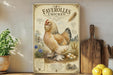a vintage-style poster of a chicken, with a detailed illustration of the chicken surrounded by various elements such as flowers, grass, and a barn. The poster is displayed on a shelf, with a wooden cutting board and a potted plant visible in the background.