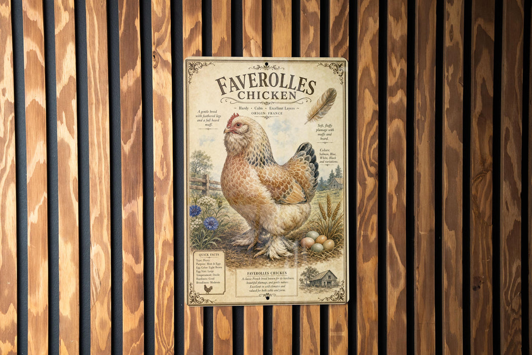 a vintage-style poster of a chicken, with a wooden background and decorative elements.