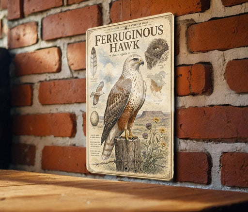 a vintage-style metal sign with illustrations and text about the ferruginous hawk, mounted on a brick wall.