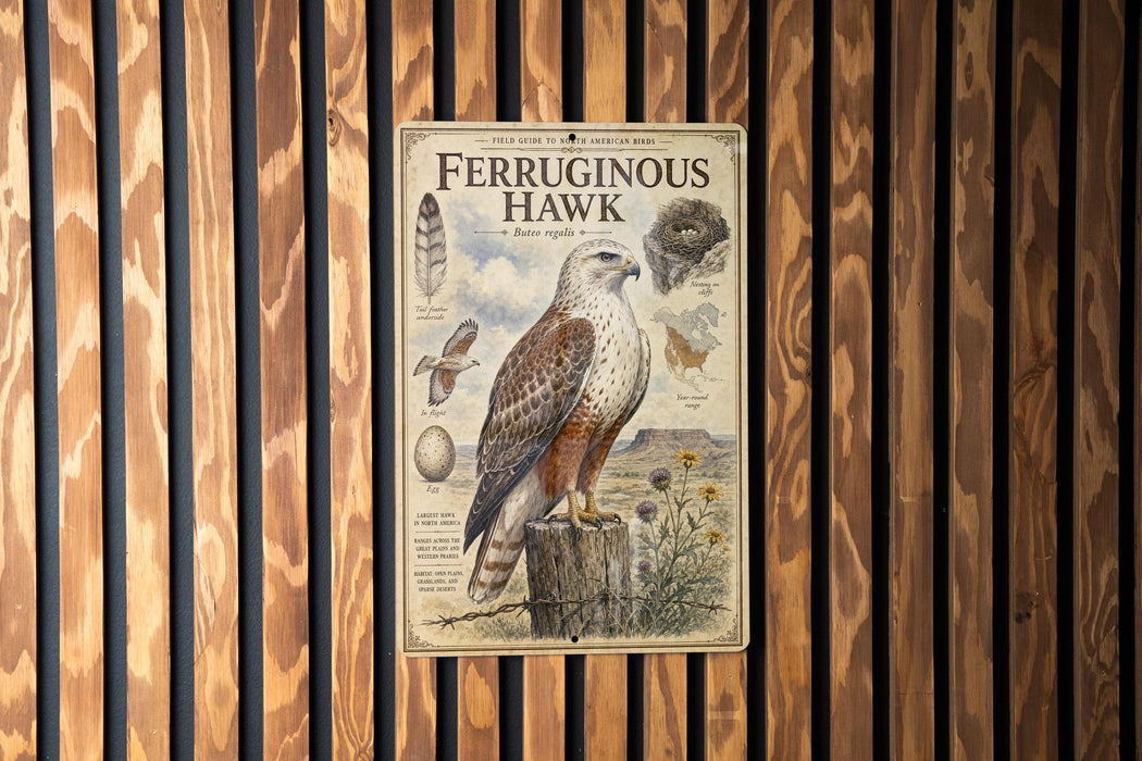 a vintage-style metal sign with illustrations and text about the Ferruginous Hawk, a bird of prey.