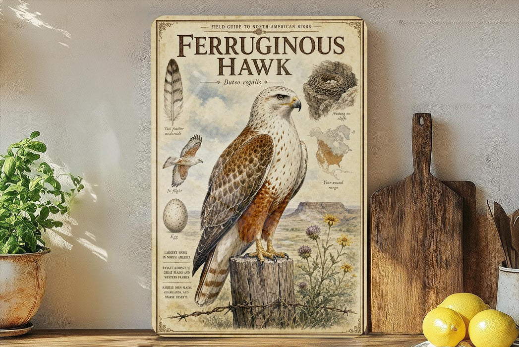 a vintage-style field guide to the North American Ferruginous Hawk, with illustrations of the bird, its nest, and various other elements. The guide is displayed on a shelf next to a wooden cutting board and a potted plant.