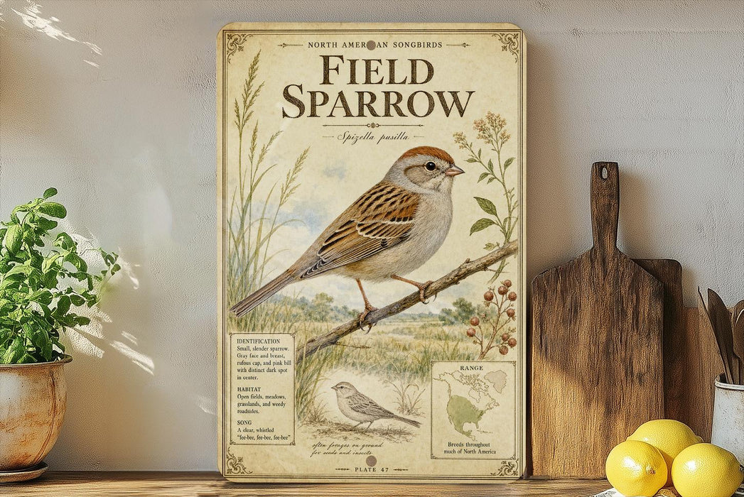 a vintage-style poster of a field sparrow perched on a branch, surrounded by illustrations of plants and a map of North America.