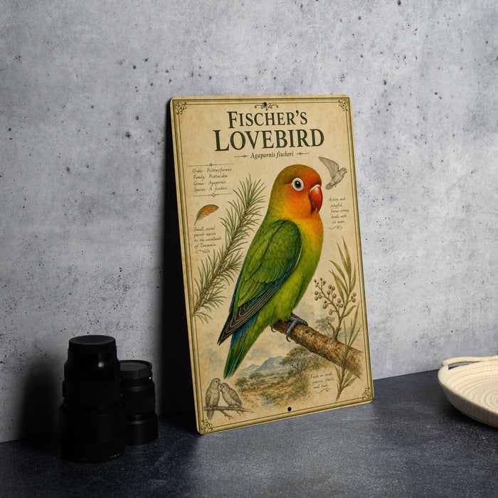 a vintage-style metal sign with a colorful illustration of a green and orange bird, likely a parrot, perched on a branch.