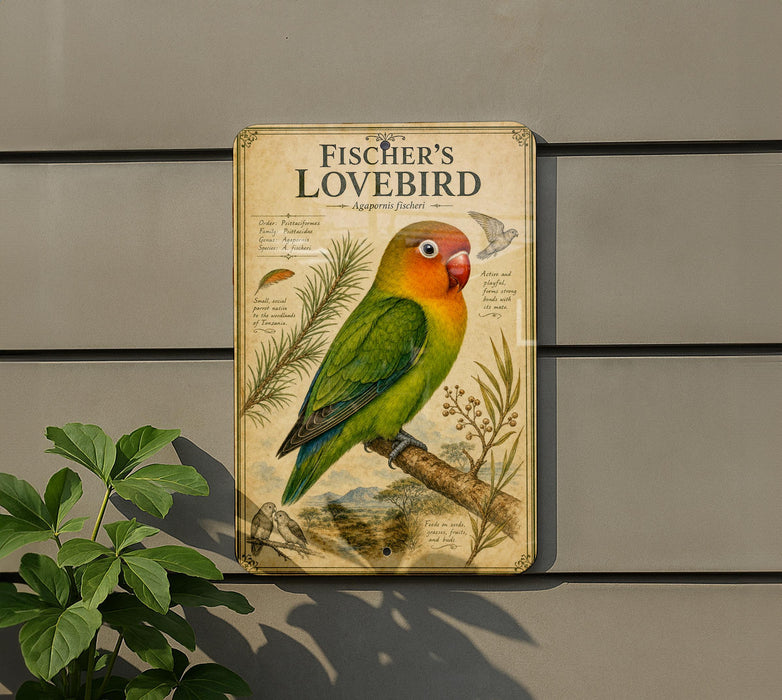 a vintage-style metal plaque with a colorful illustration of a green and orange lovebird perched on a branch, surrounded by various bird illustrations and plant illustrations.