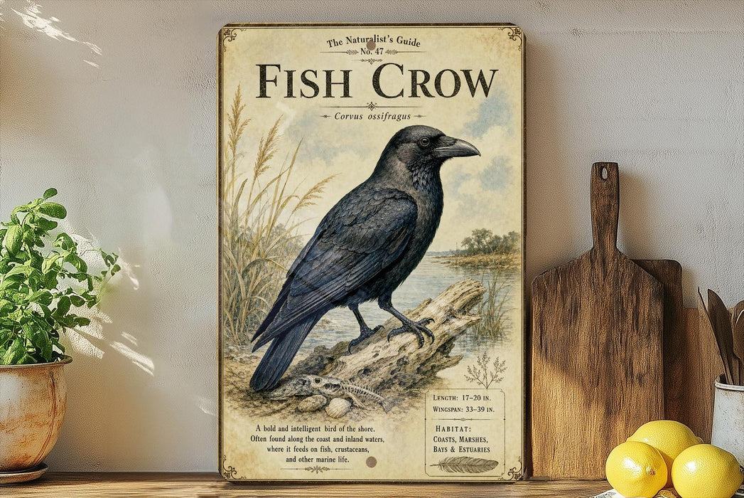 a vintage-style poster of a black crow perched on a log, surrounded by a natural landscape. The poster is titled "Fish Crow" and includes text describing the bird's characteristics and habitat.
