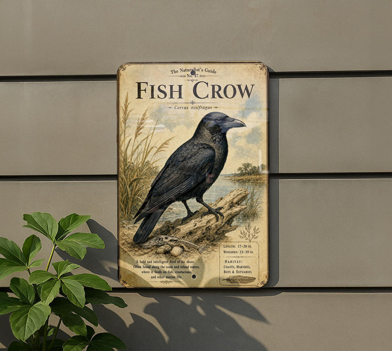a vintage-style metal sign with a black bird, likely a crow, perched on a branch. The sign is mounted on a wall and is surrounded by greenery, including a plant.