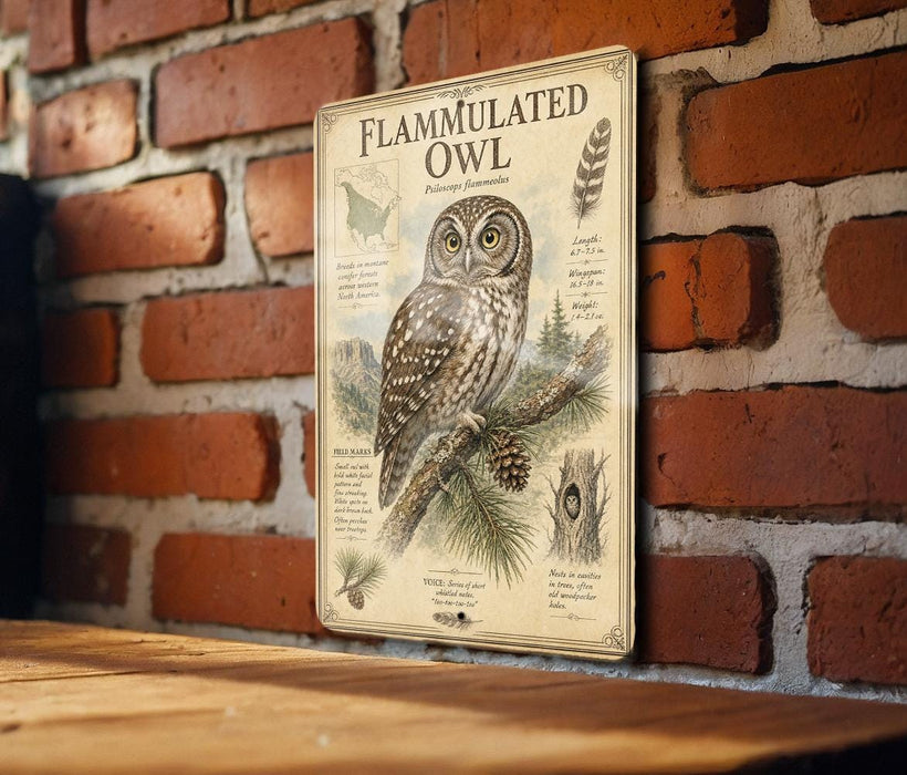 a metal sign with an illustration of a flamingo and text about the species, mounted on a brick wall.