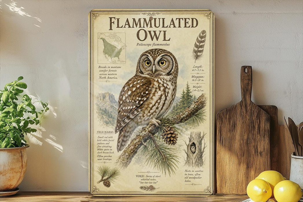 a framed illustration of a flammulated owl, a bird of prey, perched on a branch. The owl is depicted in a detailed and realistic manner, with its distinctive features such as its large eyes, brown and white plumage, and sharp talons clearly visible. The image is set against a backdrop of a kitchen counter, with various kitchen utensils and items, including a cutting board, a knife, and a bowl, as well as a potted plant and a lemon.