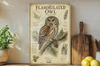 a framed illustration of a flammulated owl, a bird of prey, perched on a branch. The owl is depicted in a detailed and realistic manner, with its distinctive features such as its large eyes, brown and white plumage, and sharp talons clearly visible. The image is set against a backdrop of a kitchen counter, with various kitchen utensils and items, including a cutting board, a knife, and a bowl, as well as a potted plant and a lemon.