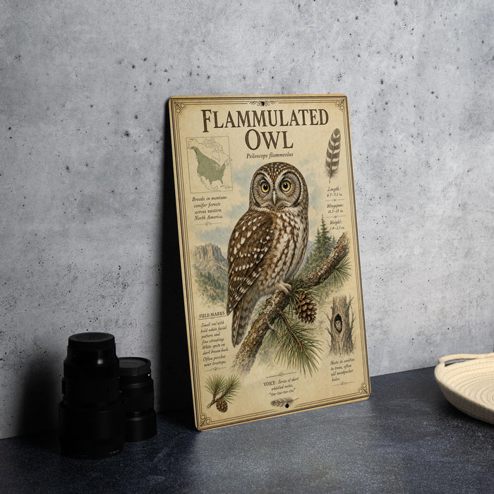 a framed illustration of a flamingo owl, with text and illustrations providing information about the species.