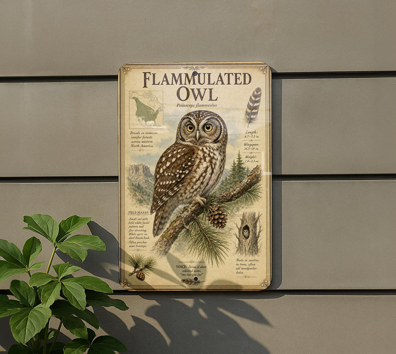 a detailed illustration of a Flammulated Owl perched on a branch, with accompanying text providing information about the species.