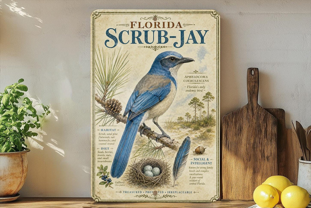 A vintage-style poster of a blue bird, likely a scrub-jay, perched on a branch with pine cones, is displayed on a shelf next to a wooden cutting board and a potted plant.