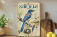 A vintage-style poster of a blue bird, likely a scrub-jay, perched on a branch with pine cones, is displayed on a shelf next to a wooden cutting board and a potted plant.