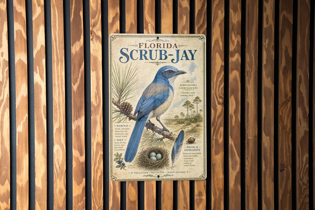 A vintage-style metal plaque with a blue bird illustration and text, mounted on a wooden wall.