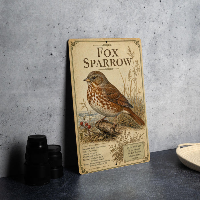 a vintage-style metal sign with a detailed illustration of a brown and white bird, likely a fox sparrow, standing on a branch with berries. The sign is placed on a gray countertop next to a stack of black camera lenses and a white dish.