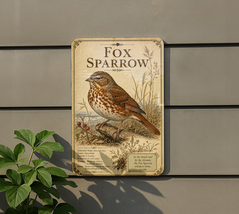 a sign for a fox sparrow, which is a small bird with brown and white plumage. The sign is mounted on a wall and depicts the bird in a natural setting.