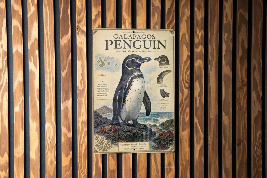 a poster of a penguin on a wooden wall.