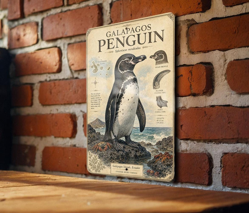 a vintage-style illustration of a penguin on a brick wall, with a detailed depiction of the penguin's features and habitat.
