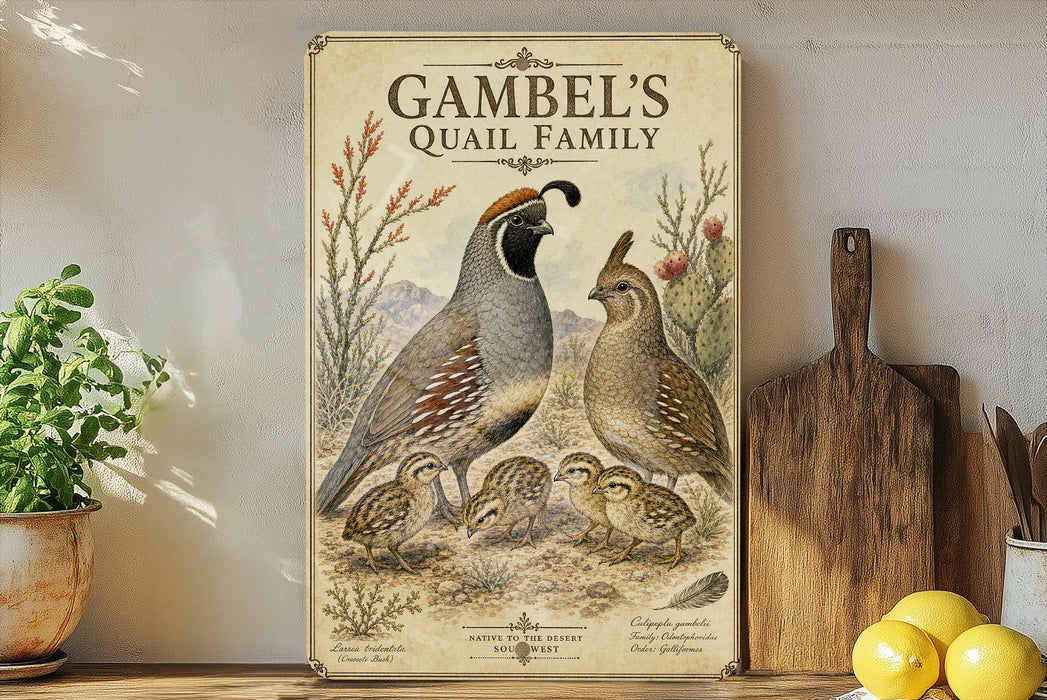 A vintage-style poster of a family of quails, featuring illustrations of the adult and young quails, is displayed on a wall next to a wooden cutting board and some potted plants.